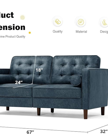 67" Suede Leather 2 Seater Sofa with Two Bolster Pillows, Tufted Sofa with Wooden Legs, Mordern Couch for Living Room, Office, Apartment, Blue