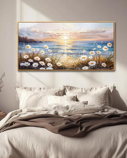 PHAOHUAXM Canvas Wall Art For Living Room Wall Decor For Bedroom Office Decorations Blue Ocean Landscape Painting Artwork Modern Beach Posters Aesthetic Ready To Hang Home Decor Wood Framed 20"x40"