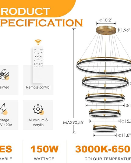 5-Rings Modern LED Chandelier Black Gold Dimmable Large High Ceiling Chandeliers Foyer, Remote Pendant Lighting for Foyer Entryway Dining Room Living Room Staircase(10-Ring Lighting, D29.5)