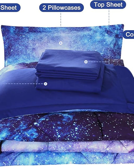 Wowelife Galaxy Bedding Twin Outer Space Comforter Set 5 Pieces Blue Cosmic Galaxy Bed Set Kids Bed in A Bag Twin for Teen Boys and Girls with Comforter, Flat Sheet, Fitted Sheet and 2 Pillowcases
