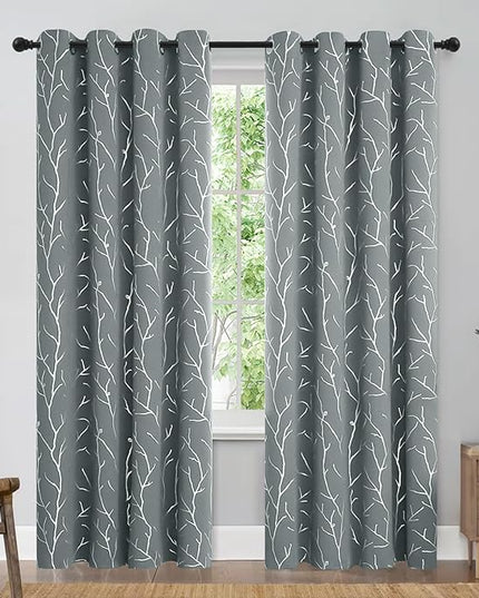 BUHUA Grey Blackout Curtain Panels - Long Drapes, Room Darkening Curtains 95 Inches Long Grommet, Thermal Insulated Window Curtains with Silver Tree Branches Print, 52W x 95L, Light Grey, 2 Panels