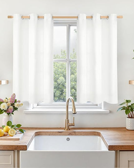 LAMIT White Linen Curtains 40 inch Length for Kitchen Windows Over Sink, Linen Textured Thermal Insulated Curtains Privacy Grommet Drapes for Small Windows/Bathroom, Set of 2 Panels, W42 x L40