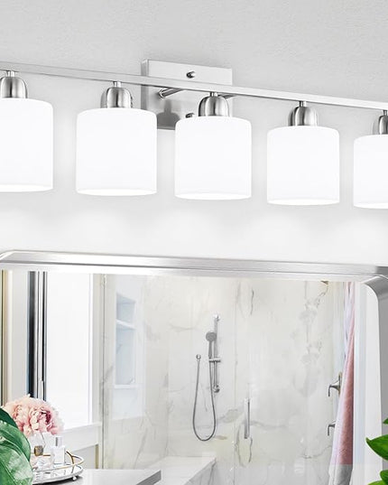 5 Light Bathroom Light Fixtures Brushed Nickel, Bathroom Vanity Light with Milky White Frosted Glass Shade, Vanity Lights for Mirror Bedroom Living Room E26 Base