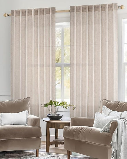 MIULEE Natural White Linen Curtains 64 Inch Length 2 Panels for Bedroom Living Room, Soft Thick Linen Textured Window Drapes Semi Sheer Light Filtering Back Tab Rod Pocket Burlap Look Decor