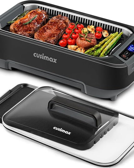 Smokeless Indoor Grill, CUSIMAX Electric Grill with Non-stick Removable Grill/Griddle Plate, 1500W Korean BBQ Grill with LED Smart Display & Tempered Glass Lid, Easy to Clean, Black