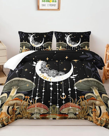 AILONEN Twin Bedding Set,Sun and Moon Boho Mushroom Comforter Set,Natural Wild Fungus Bedding Set for Kids Boys Girls,Bohemian Plant Comforter with 2 Pillowcases,3 Piece
