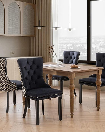 SoarFlash Velvet Dining Chairs Set of 4, Tall Back Side Chair, Modern Upholstered Side Chair with Button Back Ring, Solid Wood Legs (Black&Plaid)