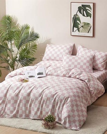 CLOTHKNOW Pink White Plaid Comforter Set Twin/Twin XL Grid Bedding Comforter Sets All Season Soft Checker Comforters with 2 x Pillow Cases