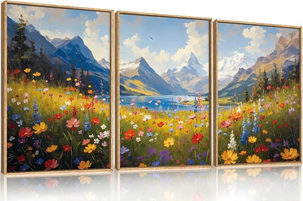 HOURIA Boho Vibrant Watercolor Wildflower & Snowy Mountain Framed Canvas Wall Art Set,Colorful Floral Landscape Decor,Modern Natural Field Scenery Artwork for Living Room,Bedroom,Farmhouse-24 x36 x3