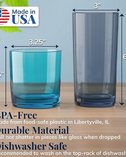 US Acrylic Classic Plastic Reusable Drinking Glasses (Set of 8) 12oz Rocks & 16oz Water Cups in Coastal Colors | BPA-Free Tumblers, Made in USA | Top-Rack Dishwasher Safe