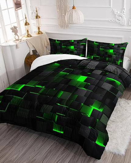 Geometric Green Black Comforter Set,Light Honeycomb 3 Piece Bedding Set Full Size for Teen Boys,Modern Quilt Set Geometry Decor,Microfiber Lightweight 1 Comforter 2 Pillowcases All Season