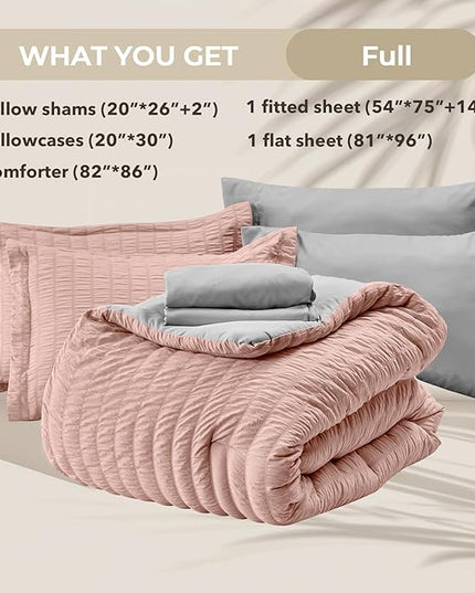 HYMOKEGE Rose Gold/Light Grey Full Size Comforter Sets Seersucker 7 Pieces, All Season Luxury Bed in a Bag for Bedroom, Bedding Set with Comforter, Sheets, Pillowcases & Shams