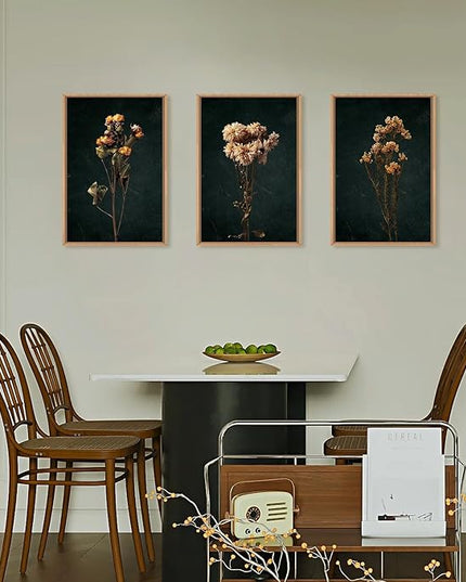 HOURIA Moody Boho Floral Framed Canvas Wall Art Set,Vintage Black Flower Wall Decor,Mid Century Minimalist Wildflower Artwork,Nature Retro Botanical Art Print for Living Room,Bedroom,Office- 24"x36"x3
