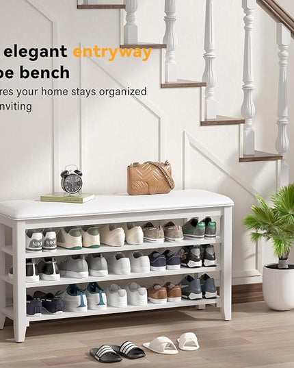 Shoe Rack Bench Entryway Storage with Leather Cushion, Shoe Organizer Bench for Entryway, Ideal for Front Doors Entrances Hallway Mudroom Featuring Rubberwood And 3 Height-Adjustable Removable Shelve