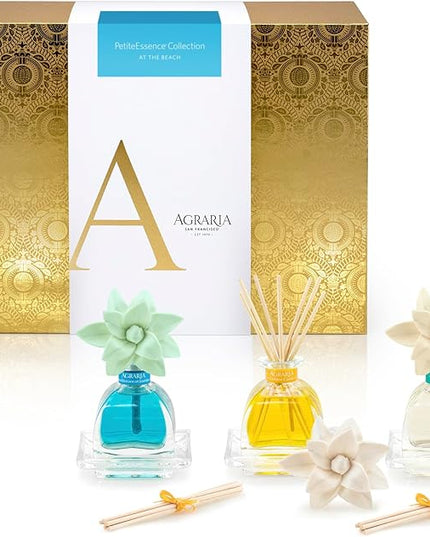 AGRARIA at The Beach PetiteEssence Collection, Handmade Sola Flower Reed Diffuser Set of 3, Luxury Home Fragrance Scented Oil Diffuser Gift Set