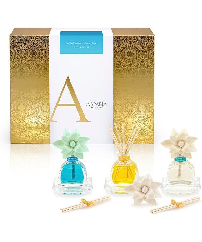 AGRARIA at The Beach PetiteEssence Collection, Handmade Sola Flower Reed Diffuser Set of 3, Luxury Home Fragrance Scented Oil Diffuser Gift Set