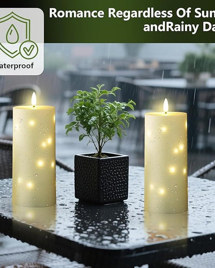 4" x 10" Large Outdoor Waterproof Flickering Flameless Candles with Timer,2Pcs Battery Operated LED Pillar Candles with Embedded Star String for Outdoor Lanterns,Porch,Patio Decor(Ivory)