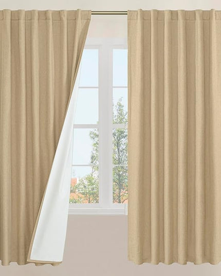 LAMIT Natural 100% Blackout Linen Curtains, 72 Inches Linen Textured Living Room Farmhouse Curtains Full Room Darkening Back Tab and Rod Pocket Burlap Panels with White Liner, 2 Panels, 52 x 72 Inch