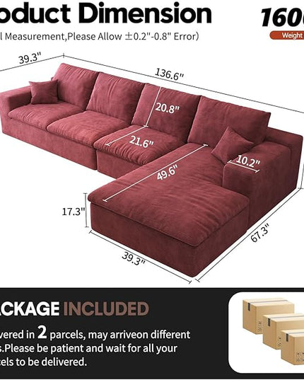 136.6'' L-Shaped Modern Modular Sectional Cloud Couch, 4-Seat Chenille Deep-Seat Sofa with Pillow for Living Room, Bedroom, Apartment, Wine Red