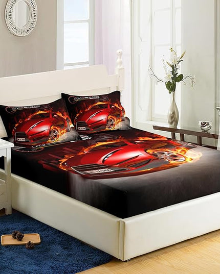 AILONEN Red Racing Car Fitted Sheet Set Twin Size, Boys Extreme Sports Sheet Set for Kids,Cool Speed Automobile Bedding Set,1 Fitted Sheet 2 Pillowcases,3-Piece,Soft Microfibre