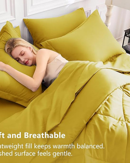 CozyLux Full Size Comforter Sets Mustard Yellow - 7 Pieces Bed in a Bag Full, Luxury Soft Bed Set for All Seasons, Bedding Set with Down Alternative Comforter, Sheets, Pillowcases & Shams