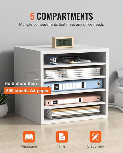 VEVOR Literature Organizers, 5 Compartments Office Mailbox with Adjustable Shelves, Wood Literature Sorter 13.9x12x13 inches for Office, Home, Classroom, Mailrooms Organization, EPA Certified, White