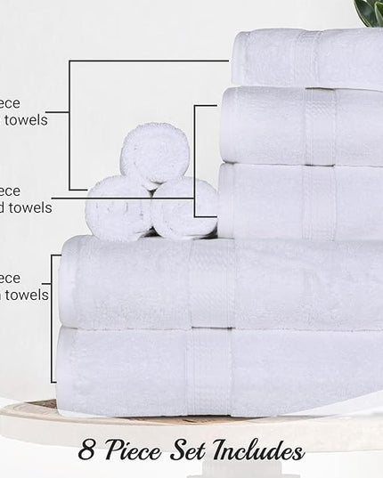 Superior Egyptian Cotton Pile 8 Piece Towel Set, Includes 2 Bath, 2 Hand, 4 Face Towels/Washcloths, Ultra Soft Luxury Towels, Thick Plush Essentials, Guest Bath, Spa, Hotel Bathroom, White