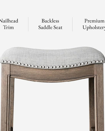 Maven Lane Adrien Backless Bar Stool – 31 Inch Saddle Seat with Footrest – Grey Solid Wood Frame & Grey Fabric Upholstery – Ideal for Bars, Pub Tables & Tall Kitchen Counters