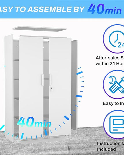 Metal Garage Storage Cabinet with Lock, 72" Tall Steel Storage Locker with 4 Adjustable Shelves, Heavy Duty Metal Cabinet for Garage, Office, Home, White