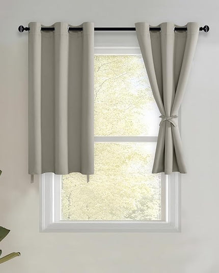 JIUZHEN Short Curtains Kitchen Half Window Blackout Curtains with Tiebacks for Baseroom Shadows, Grommet Curtains for Living Room, Set of 2 Window Curtain Panels, 42 x 30 Inch Length，Silver Grey