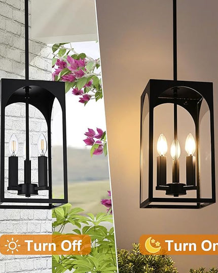 VINLUZ 3 Lights E12 Outdoor Pendant Lighting Fixture in Black Finish Finish, Farmhouse Hanging Lantern Chandelier with Clear Glass Shade for Porch Entryway Hallway