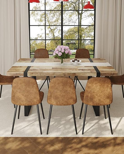 FURNITO Wood Dining Table Set for 8, 71" Large Rectangular Kitchen & Dining Room Table with 8 Suede Upholstered Chairs, Modern Farmhouse Dining Set for Home, Living Room, Office, or Conference Room
