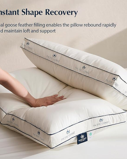 Pacific Coast Goose Feather and Down Pillows, Queen Size Set of 2, Gusseted Pillows, Bed Pillows for Sleeping, Good for Side and Back Sleepers, 100% Organic Cotton Cover