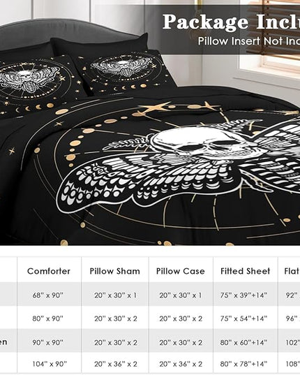 Comforter Set Twin Size, Moth Dead Sun Moon 5 Pcs Bedding for Adults, Animal Butterfly Bed Sheet Sets with Fitted Sheet Pillowcase & Sham for Bedroom Bed Decor
