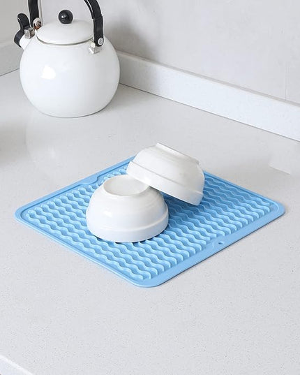 Silicone Dish Drying Mat for Multiple Usage,Easy clean,Eco-friendly,Heat-resistant Silicone Mat for Kitchen Counter or Sink,Refrigerator or Drawer liner Light Blue M 12 inches x 12 inches