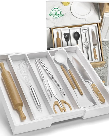 Utensil Organizer for Kitchen Drawers - Bamboo Silverware Tray Expandable 5 Slots Drawer Organizer for Office and Pantry Supplies W13.7-19.9" x L17.6 X H2.5 (White)