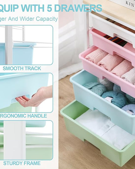 Utility Cart with 5 Drawers,Storage Drawer Cart with Wooden Tabletop and Lockable Wheels,Craft Storage Trolley Cart,5-Tier Rolling Utility Cart on Wheels,Rainbow
