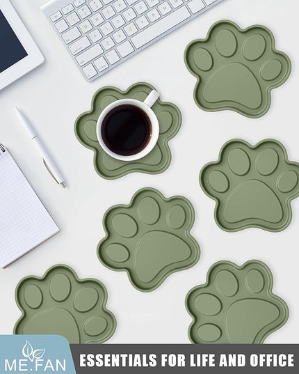 ME.FAN Silicone Coasters 6 Pack Paw Cup Mat with Holder, Dog Cat Paw Shape, for Hot or Cold Drink, Non-Slip, Non-Stick, Room Decor, Housewarming Olive Green