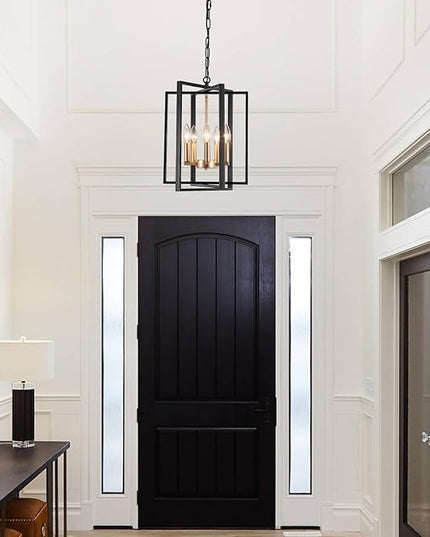 Black and Gold Modern Farmhouse Chandeliers for Dining Room, 5-Light Pendant Light Fixture Adjustable Industrical Entryway Light Fixture Hanging Chandelier for Kitchen Island Entryway Hallway Foyer