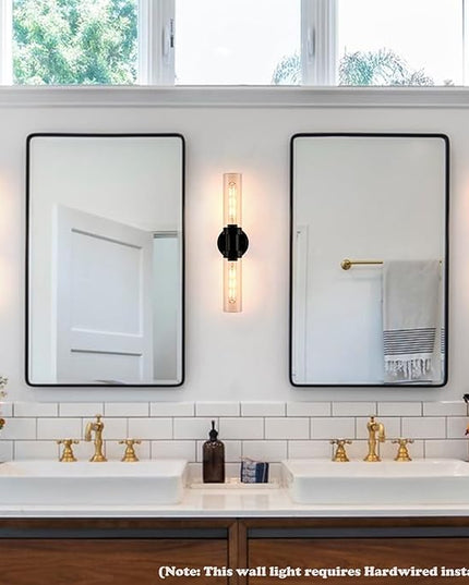 Farmhouse Black Wall Sconce 2-Light Cylinder Bathroom Vanity Lights with Clear Glass Shade 20-Inch Modern Matte Black Glass Sconces Wall Lighting for Bedroom Hallway Staircase