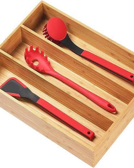 Umilife Bamboo Kitchen Utensils Organizer, 13 Inch Drawer Dividers for Silverware, Extra Deep Holder, with Non-Slip Feet, Wood Caddy for Flatware Cutlery