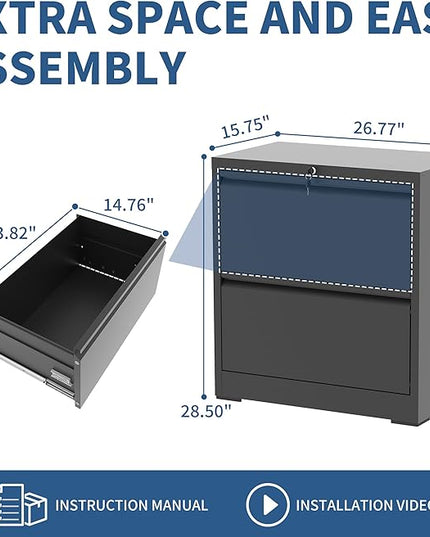 2 Drawer File Cabinet with Lock, Black Metal Lateral Filing Cabinets for Home Office, Heavy Duty Steel Horizontal Locking Storage Cabinet for Legal/Letter/A4 Size File, Assembly Require