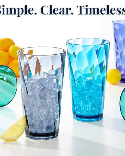 US Acrylic Optix Plastic Reusable Drinking Glasses (Set of 8) 20oz Water Cups in Coastal Colors | BPA-Free Tumblers, Made in USA | Top-Rack Dishwasher Safe