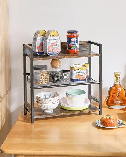 IBUYKE 3-Tier Spice Rack Industrial Counter Shelf Desktop Storage Organizer Standing Seasoning Rack for Countertop Kitchen Office Living Room Desktop Rustic Brown UTLJ021H