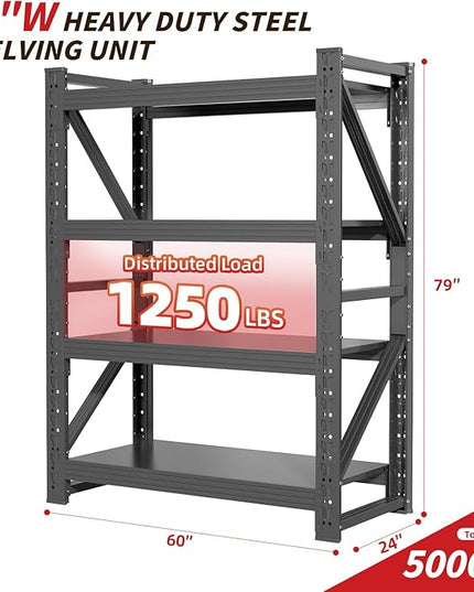 60" W Garage Shelving,4-Tier Heavy Duty Storage Shelves Unit with Adjustable Metal Shelf for Warehouse,Basement,Workshop,5000LBS,60" W x 24" D x 79" H,Black