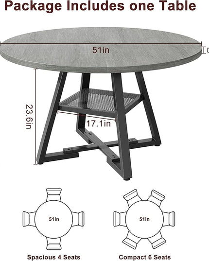 51" Round Dining Table for 6,Kitchen Dining Room Circle Dinner Pedestal Table,Space Saving Wood Kitchen & Dining Room Furniture (Grey, 51In)