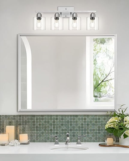 Modern Brushed Nickel 4 Light Bathroom Light Fixtures, 24 inch Vanity Lights for Bathroom with Clear Glass, Vanity Lights for Mirror Kitchen Living Room Hallway Cabinet Porch