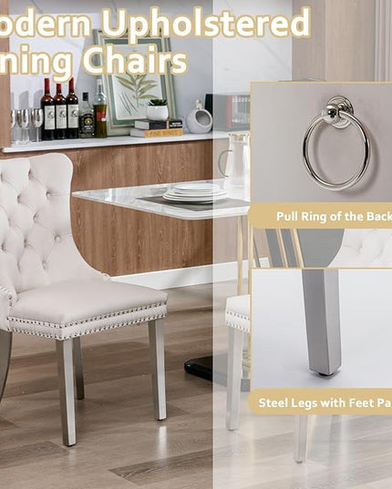 5 Piece Dining Table Set for 4, 51in Glass Dining Table Set with 4 Upholstered Dining Chairs, Beige Tufted Chair & Dining Room Table Set w/Silver Metal Legs, Glass Kitchen Table and Chair Set for 4