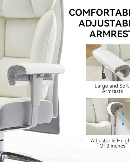 Efomao Big and Tall Office Chair 450LBS with Foot Rest, High Back PU Leather Executive Office Chair with Adjustable Padded Armrests, Lumbar Support for Home or Work, Heavy Duty Computer Chair, White