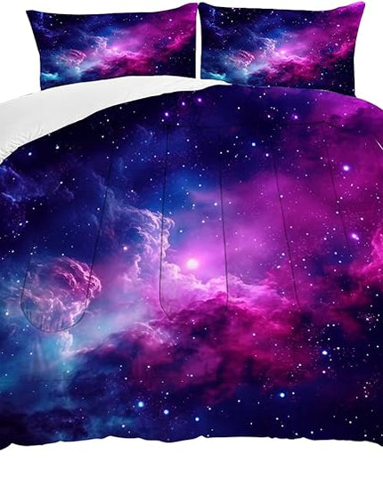 Galaxy Bedding Full Size Purple Outer Space Comforter Set for Girls Boys Kids Children Teen Bedroom Quilt 1 Comforter + 2 Pillow Cases
